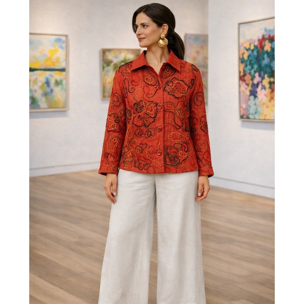 Anage Embroidered Beaded Jacket Womens Medium Orange Swirl Art To Wear Boho
